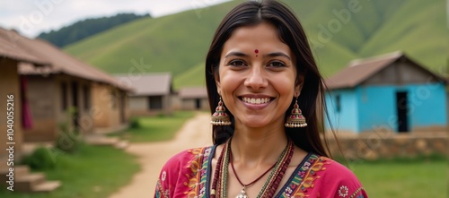 A smiling Indian woman wears vibrant jeweled gypsy attire amidst a rustic countryside village setting photo