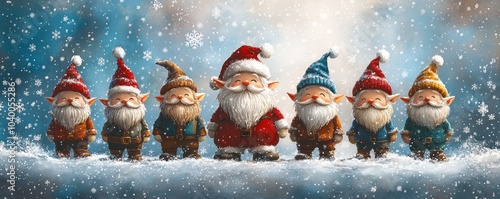 Cheerful Santa and Elves in a Winter Wonderland Scene