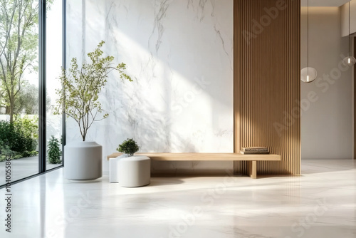 Wooden bench near marble stone wall and wood  Minimalist home interior design of modern entrance hall with big window