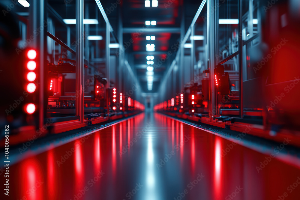 futuristic production line illuminated by red lights, showcasing advanced technology and automation. scene reflects high tech environment focused on precision and efficiency futuristic production line illuminated by red lights, showcasing advanced technology and automation. scene reflects high tech environment focused on precision and efficiency