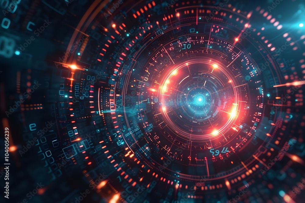 Obraz premium Futuristic Digital Tunnel with Glowing Circuits and Data Streams