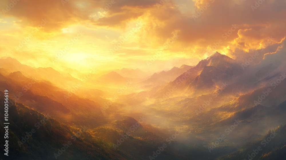Fototapeta premium The view of the mountains at sunrise, with soft golden light illuminating the peaks and valleys, is a peaceful start to the day.