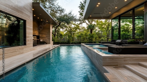 Wallpaper Mural A stylish modern pool area featuring outdoor seating, surrounded by lush trees and contemporary architecture, creating a serene atmosphere for relaxation and leisure. Torontodigital.ca