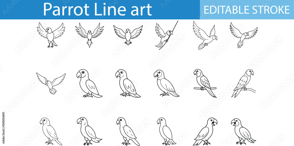 Parrot Line Art Illustrations Editable Stroke Set Parrot Line Art Illustrations Editable Stroke Set