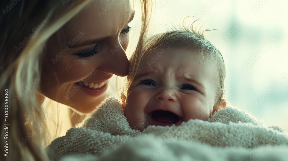 Obraz premium A mother lovingly cuddles her adorable baby, wrapped in a cozy towel, capturing tender and comforting moments amidst the soft hues of a sunlit environment.