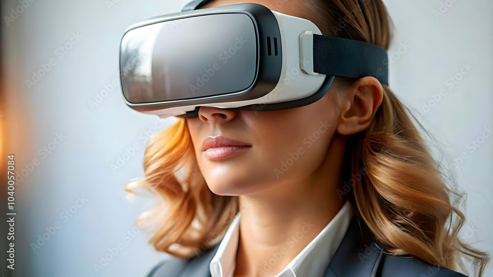 Professional Woman VR Headset Plain Background Virtual Reality Modern Workplace Concept Ample Copy Space for Advertising or Text Photo Stock Image Professional Woman VR Headset Plain Background Virtual Reality Modern Workplace Concept Ample Copy Space for Advertising or Text Photo Stock Image
