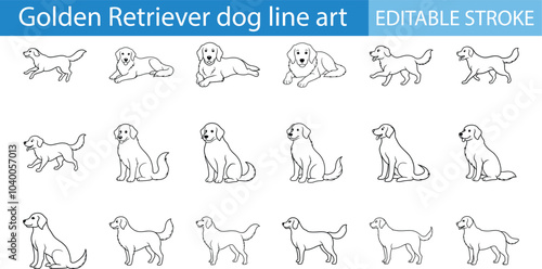Golden Retriever Dog Line Art Editable Stroke Set