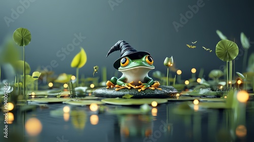 Chibi frog in a witch hat, sitting on a lily pad surrounded by glowing lights, Halloween frog, cute and playful photo