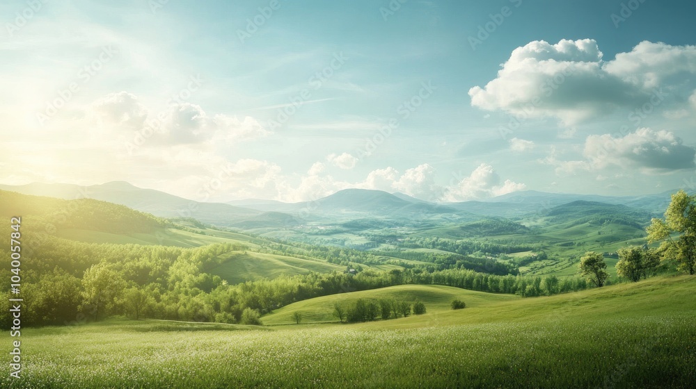 Tranquil Rural Landscape with Rolling Hills and Clouds Tranquil Rural Landscape with Rolling Hills and Clouds