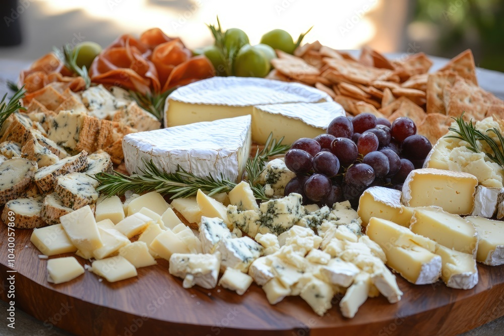 Assortment of Cheeses, Crackers, Grapes, and Rosemary on a Wooden Board Assortment of Cheeses, Crackers, Grapes, and Rosemary on a Wooden Board