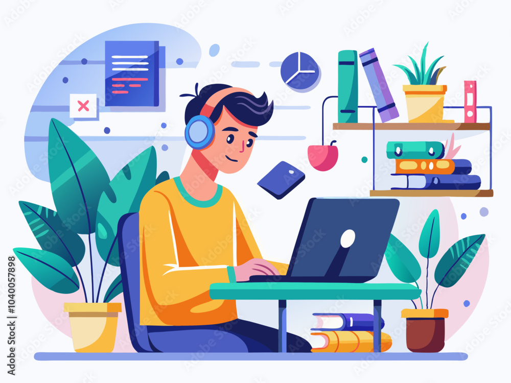 A young person studying at a desk with headphones, surrounded by books and plants in a cozy workspace A young person studying at a desk with headphones, surrounded by books and plants in a cozy workspace