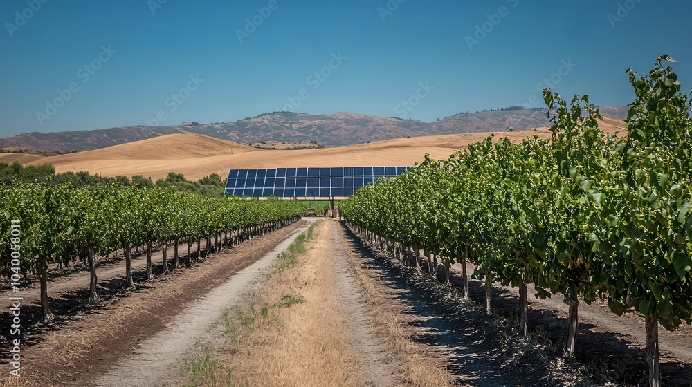 Obraz premium Rows of solar panels installed alongside farmland, harnessing energy from the sun while supporting agricultural activities.