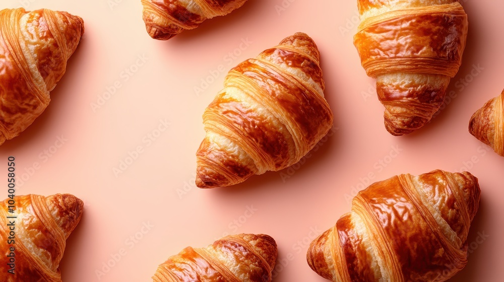 A selection of golden croissants graces a pastel backdrop, exuding elegance and culinary delight, perfect for enticing lovers of fine bakery experiences. A selection of golden croissants graces a pastel backdrop, exuding elegance and culinary delight, perfect for enticing lovers of fine bakery experiences.