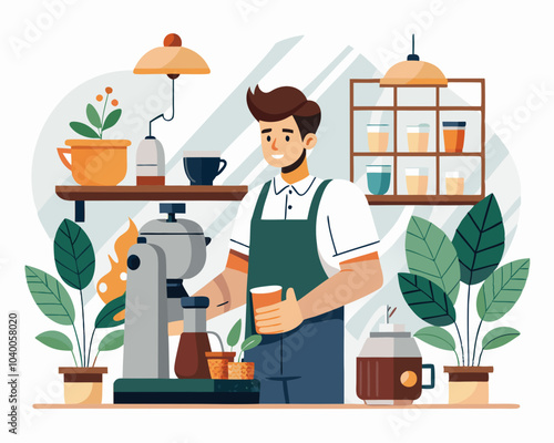 A barista preparing coffee in a cozy café with plants and soft lighting during the morning rush hour