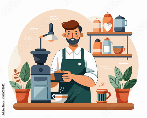 A skilled barista prepares freshly brewed coffee at a cozy café filled with plants and various brewing equipment in the background