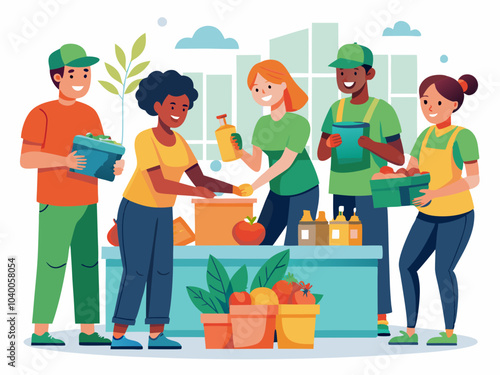 Community members gather at a local market to share fresh produce and promote healthy eating practices in a vibrant urban setting
