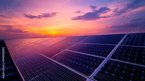 Setting up a solar rooftop system, with engineers aligning panels carefully under the fading pastel hues of the sunset. 