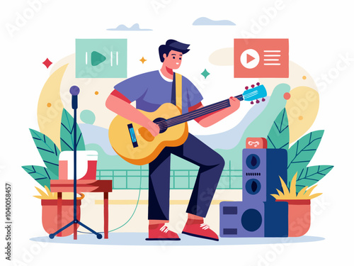 A musician performing with a guitar in a vibrant outdoor setting surrounded by greenery and audio equipment