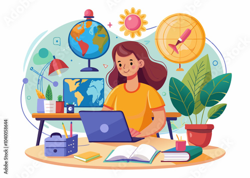 A student studying at a desk with a laptop surrounded by educational decorations in a bright, cheerful environment