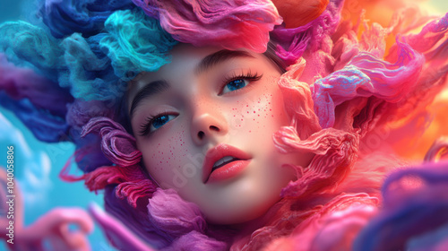 young artist creates vibrant digital art using AI tools, showcasing colorful and imaginative style. artwork features mesmerizing blend of colors and textures, evoking sense of wonder and creativity