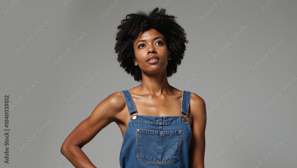 A confident African-American woman with an Afro sports denim overalls while gazing upward A confident African-American woman with an Afro sports denim overalls while gazing upward