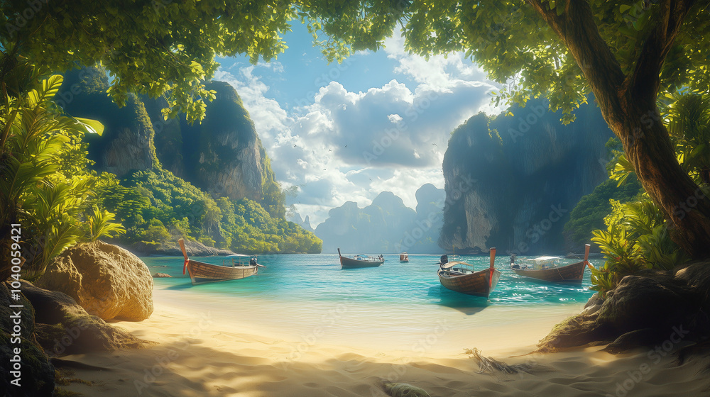 Fototapeta premium View of a beach with boats and a mountain in the background.