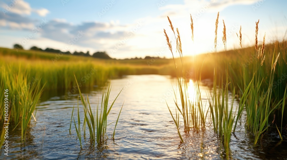 Grass blades glowing in the sunlight alongside a sparkling river stream, capturing the essence of natural beauty, serenity, and the peacefulness of the countryside. Grass blades glowing in the sunlight alongside a sparkling river stream, capturing the essence of natural beauty, serenity, and the peacefulness of the countryside.