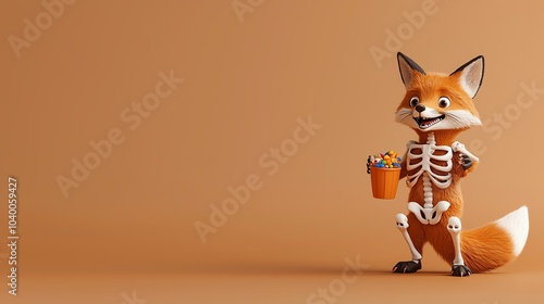 Playful fox in a skeleton costume, holding a candy bucket, Halloween fox, cute and spooky