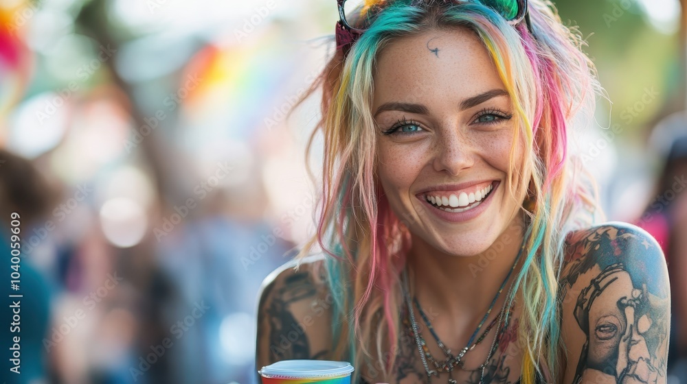 A woman with multi-hued hair and joyful tattoos flashes a radiant smile amidst a bustling festival atmosphere, embodying the lively and carefree spirit of the event. A woman with multi-hued hair and joyful tattoos flashes a radiant smile amidst a bustling festival atmosphere, embodying the lively and carefree spirit of the event.