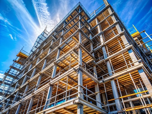 Long Exposure View of Unfinished Multi-Story Residential Building Under Construction Against Clear Blue Sky photo