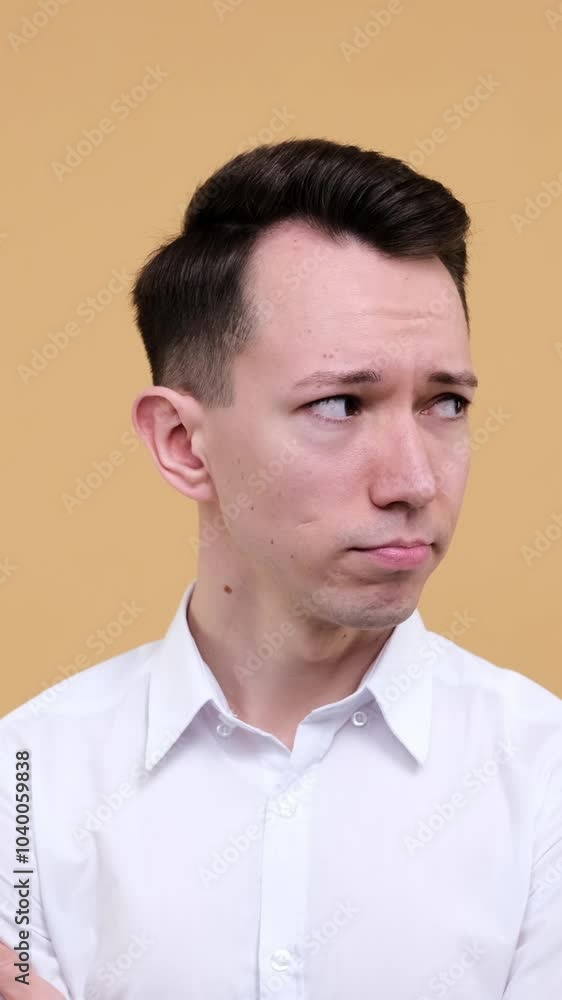 Confused Caucasian young adult man pondering and planning on beige background. Concept of a brainstorming, inspiration or making decision. Vertical video. Confused Caucasian young adult man pondering and planning on beige background. Concept of a brainstorming, inspiration or making decision. Vertical video.