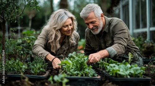Wallpaper Mural A senior couple enjoys gardening together, carefully tending to a variety of green plants, representing teamwork, nurturing, and the simple joys of life outdoors. Torontodigital.ca