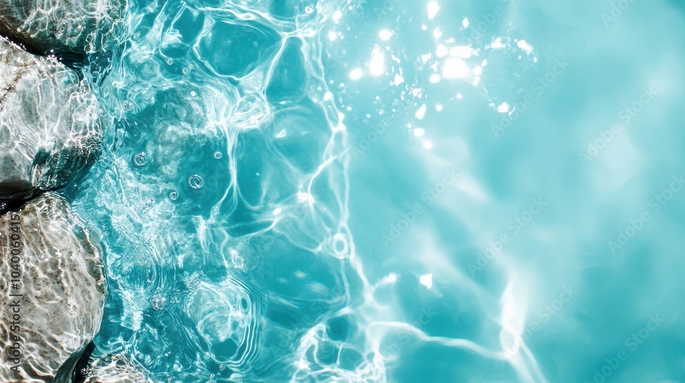 Naklejka premium A close-up capture of pristine water with shimmering reflections, bordered by smooth rocks, showcasing a tranquil and naturally calming environment.
