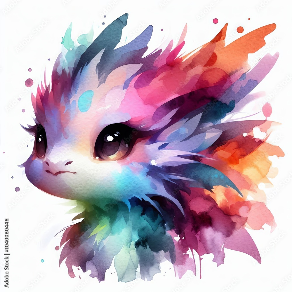 Fototapeta premium Abstract Watercolor Chibi Baby Dragon Silhouette with Bold Brush Strokes Generative AI
