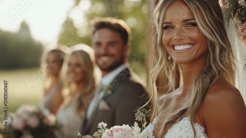 A close-up of a beaming bride, standing alongside her smiling friends, captures the happiness of an outdoor ceremony amidst a lush, green backdrop.