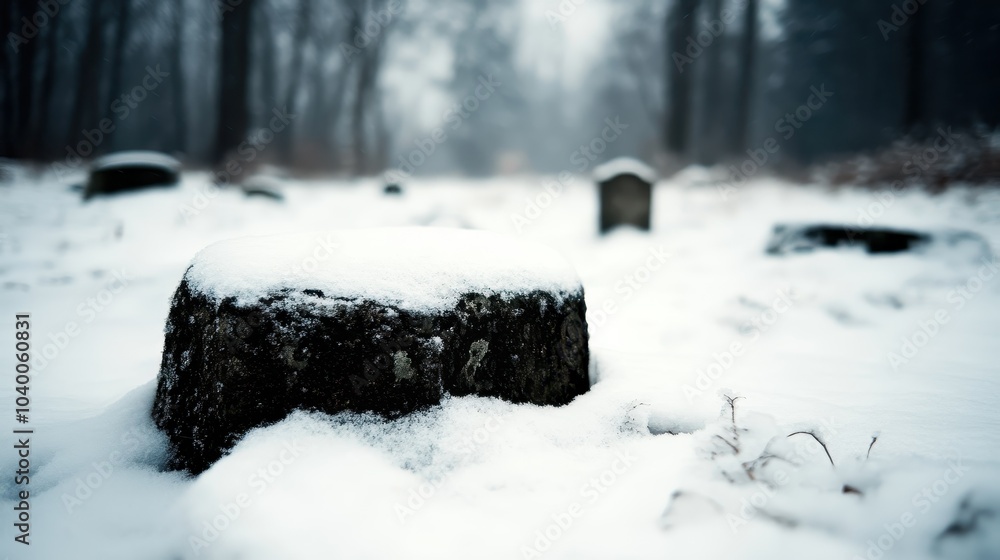 A peaceful cemetery covered in snow with a serene, misty background and snow-laden tombstones, evoking feelings of quiet reflection and solitude. A peaceful cemetery covered in snow with a serene, misty background and snow-laden tombstones, evoking feelings of quiet reflection and solitude.