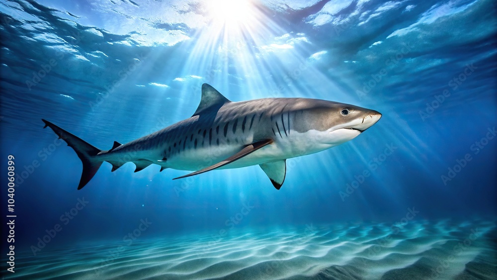 Obraz premium Majestic tiger shark swimming in blue ocean, long shot