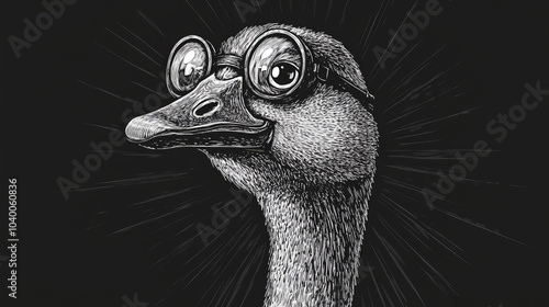 A cartoon goose wearing a monocle, drawn in a black and white style that looks like a scratchboard illustration.