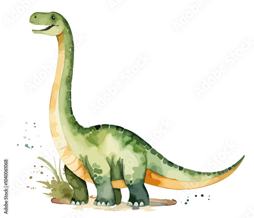 Hand drawn watercolor painting of a diplodocus dinosaur. Collection of reptiles vector illustration.