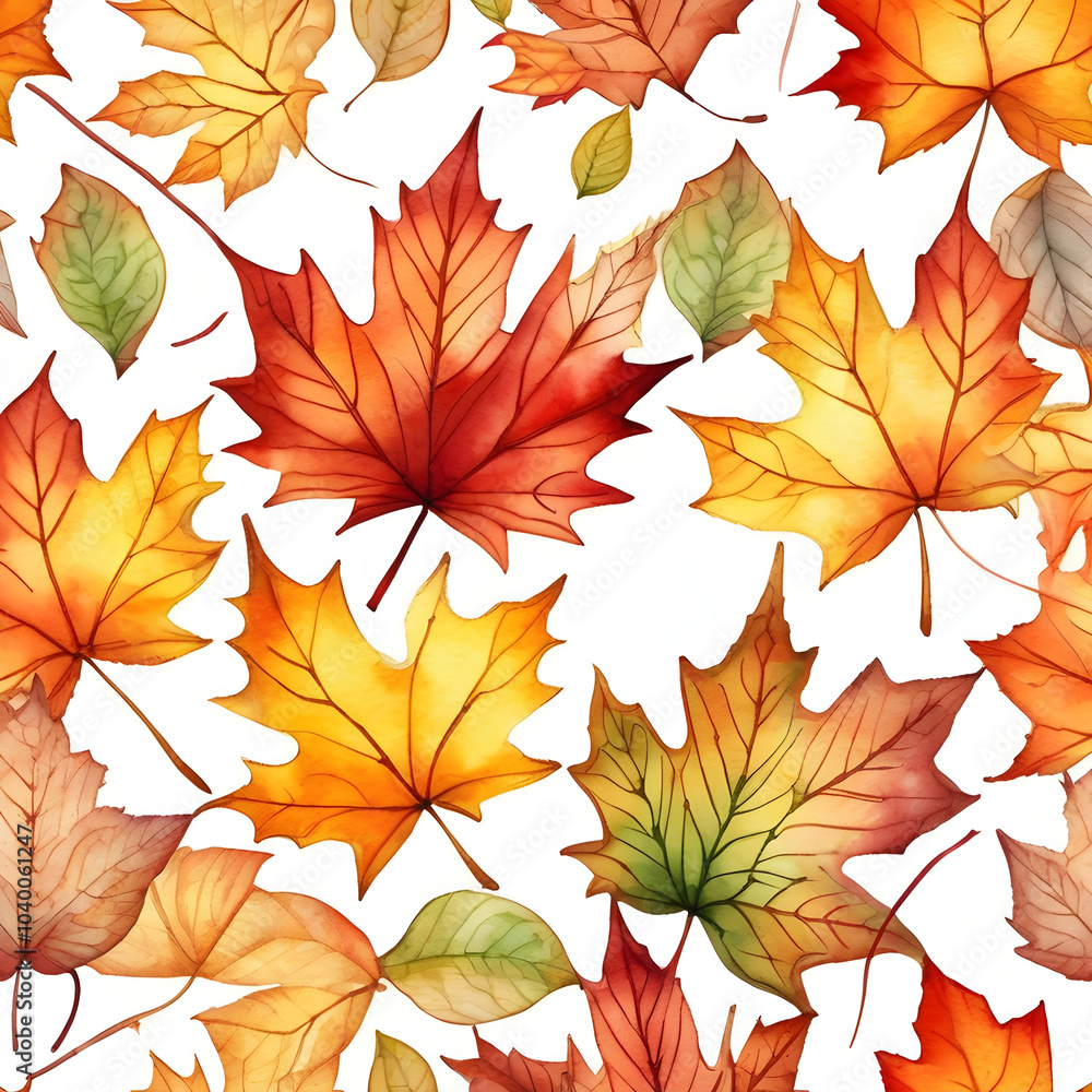Obraz premium Watercolor seamless pattern of dry leaves in shades of yellow, orange and red, giving it an autumn feel.