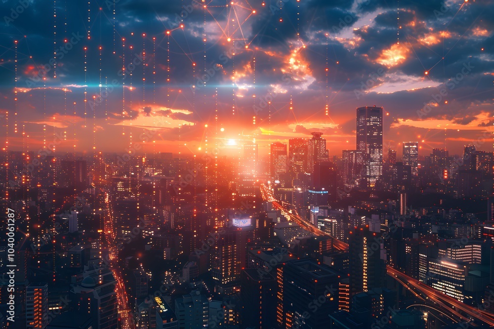 Fototapeta premium Stunning Cityscape at Sunset with Digital Overlay Effects