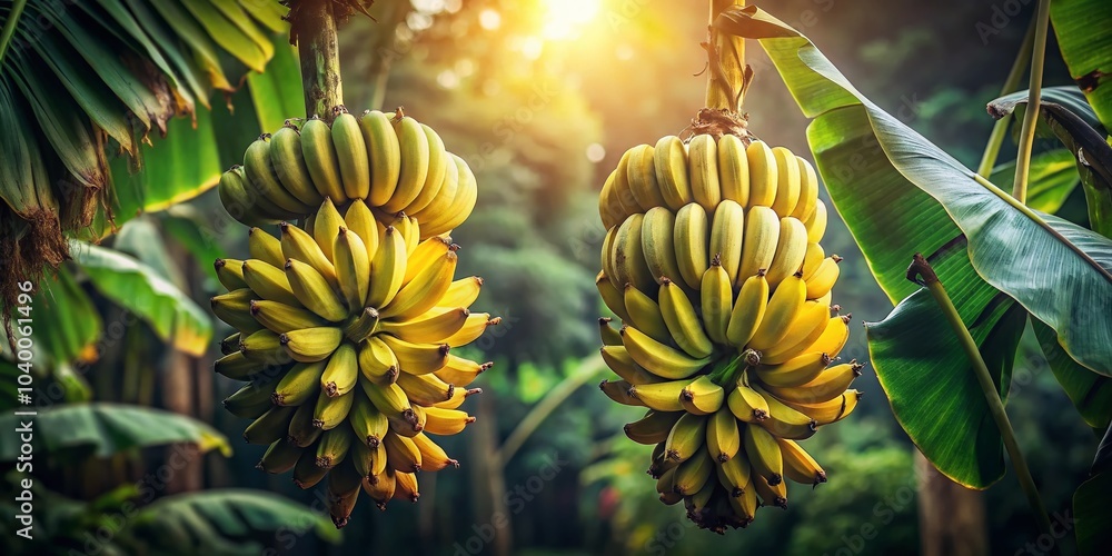 Obraz premium Low Light Photography of Bananas on the Tree - Tropical Fruit in Natural Setting