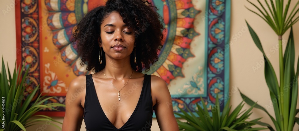 Serene Black Woman Meditating with Afro Hair Wearing Jewelry on Bohemian Tapestry Background Serene Black Woman Meditating with Afro Hair Wearing Jewelry on Bohemian Tapestry Background