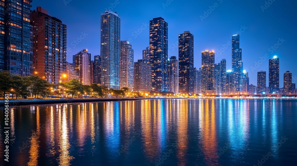 Fototapeta premium Night view of the city skyline with sparkling lights, tall buildings and reflections on the water, creating a vibrant urban scene.