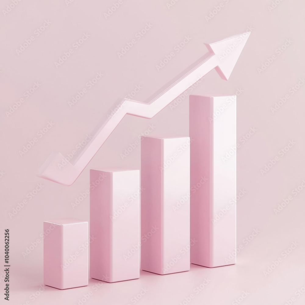 A pink pink arrow pointing upwards with bar charts below it. Concept of growth and progress, as the arrow represents upward movement