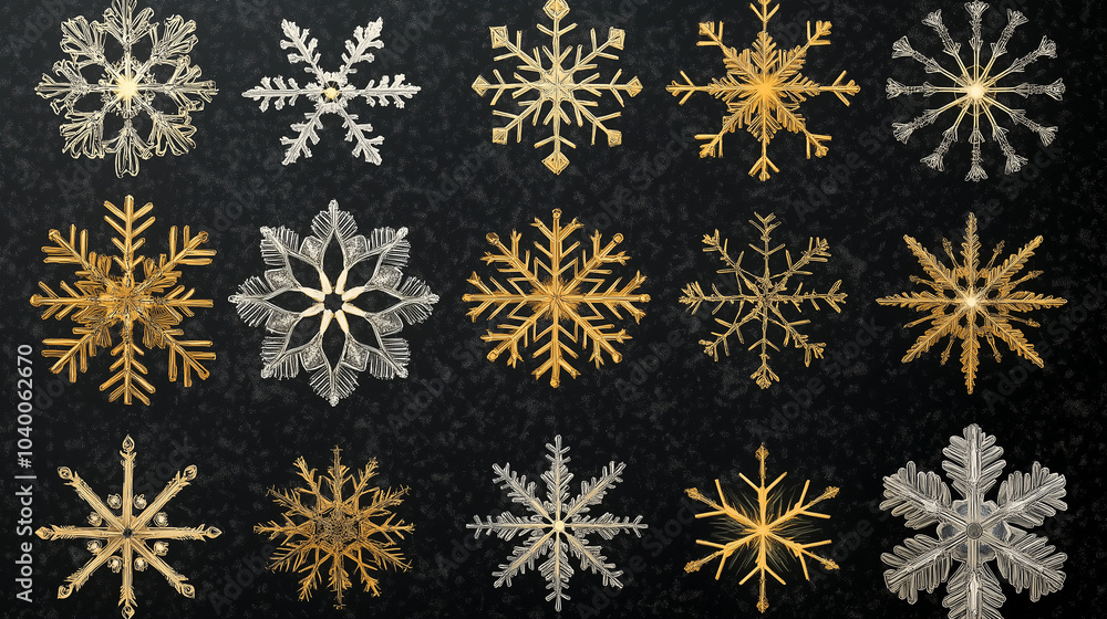 Collection of decorative snowflakes in various designs and colors on a dark background Collection of decorative snowflakes in various designs and colors on a dark background