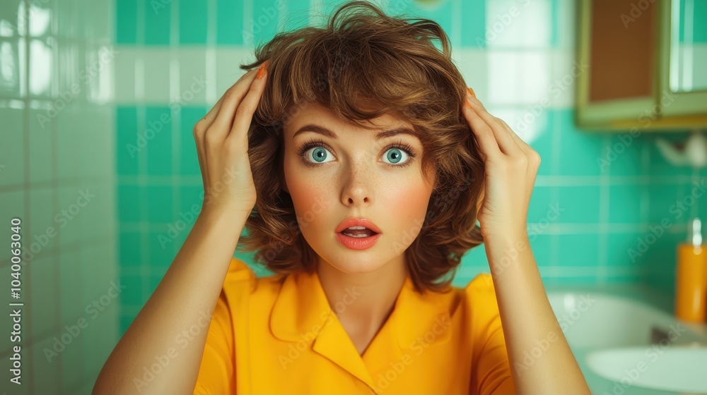 A woman in retro attire expresses surprise with wide eyes in a teal-tiled bathroom, epitomizing 1950s aesthetic and playful curiosity filled with vibrancy. A woman in retro attire expresses surprise with wide eyes in a teal-tiled bathroom, epitomizing 1950s aesthetic and playful curiosity filled with vibrancy.