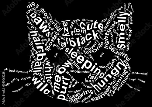 A tag cloud for the word "cat" in the shape of a cat's face. Monochrome vector print.