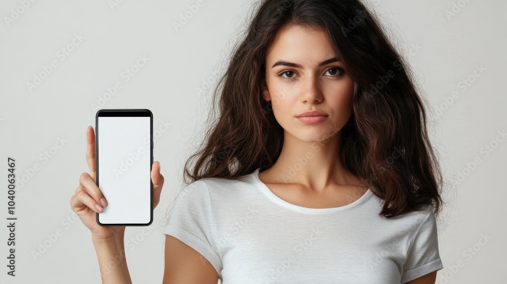 Mockup image of a beautiful woman pointing finger at a mobile phone with blank white screen Mockup image of a beautiful woman pointing finger at a mobile phone with blank white screen