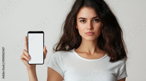 Mockup image of a beautiful woman pointing finger at a mobile phone with blank white screen